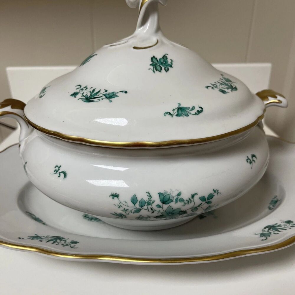 RARE Antique MEISSEN Jade TUREEN Soup PLATTER LID Only  Gold Trim Makers Mark
